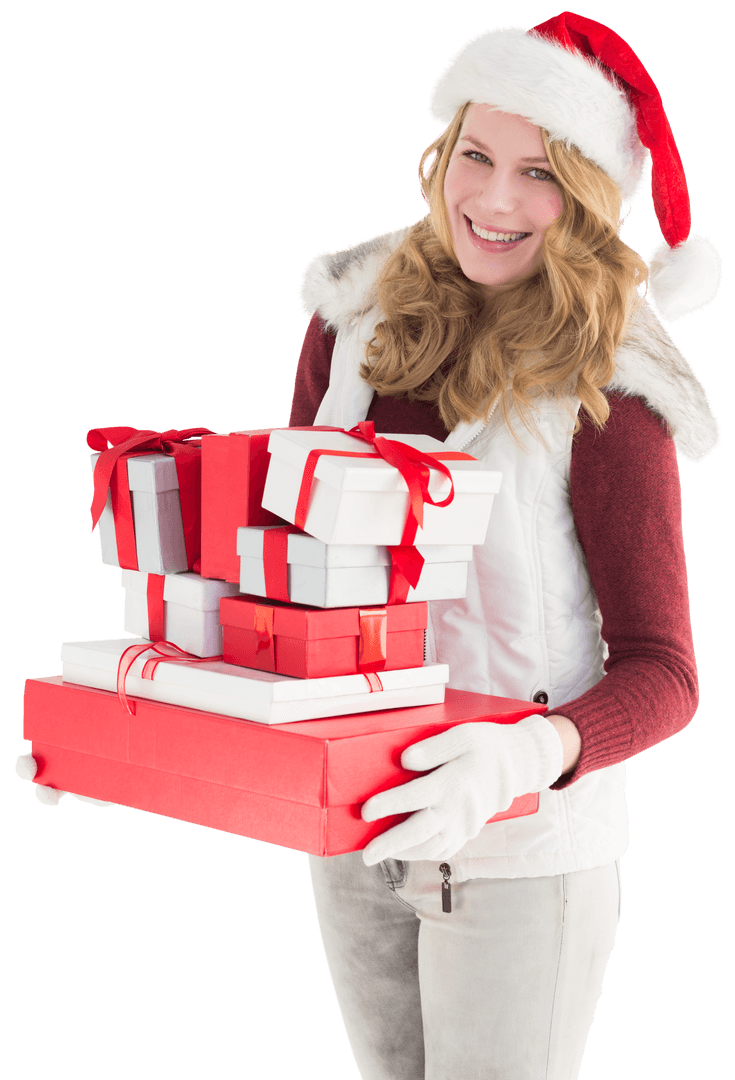 Joyful Blonde Woman Carrying Holiday Gifts in Santa Hat Transparent