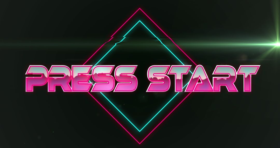 Neon Press Start Text Against Futuristic Dark Background
