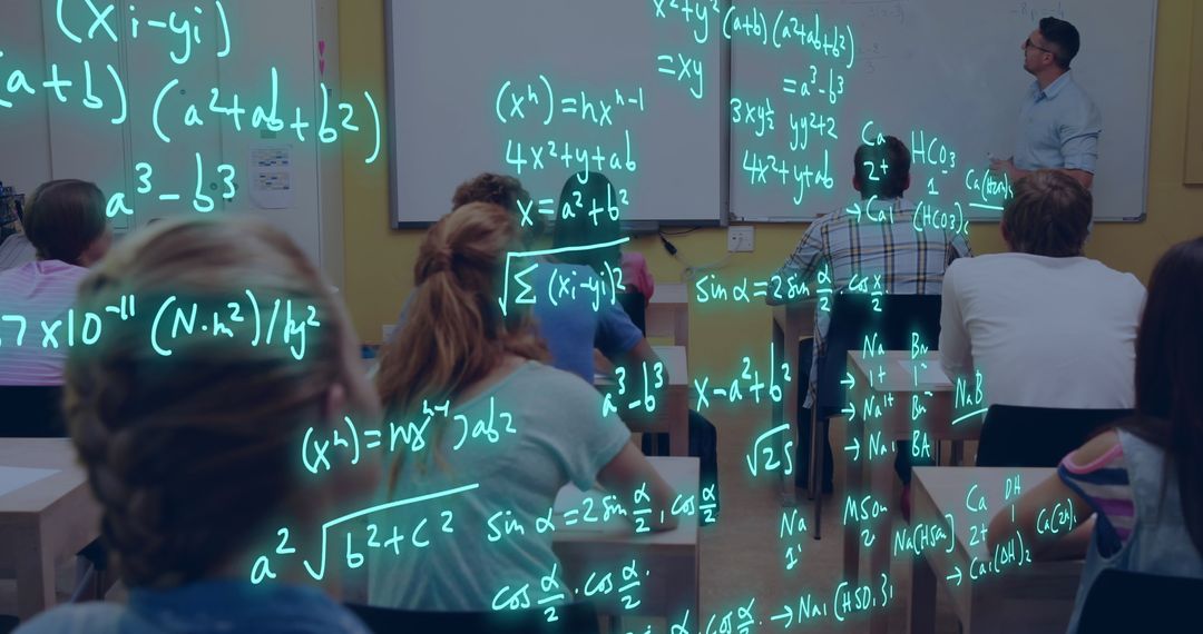 High School Math Class with Digital Interface Overlay