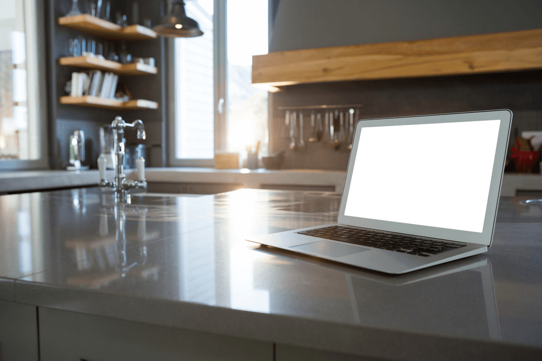Digital Convenience Laptop on Modern Kitchen Counter Transparent Screen