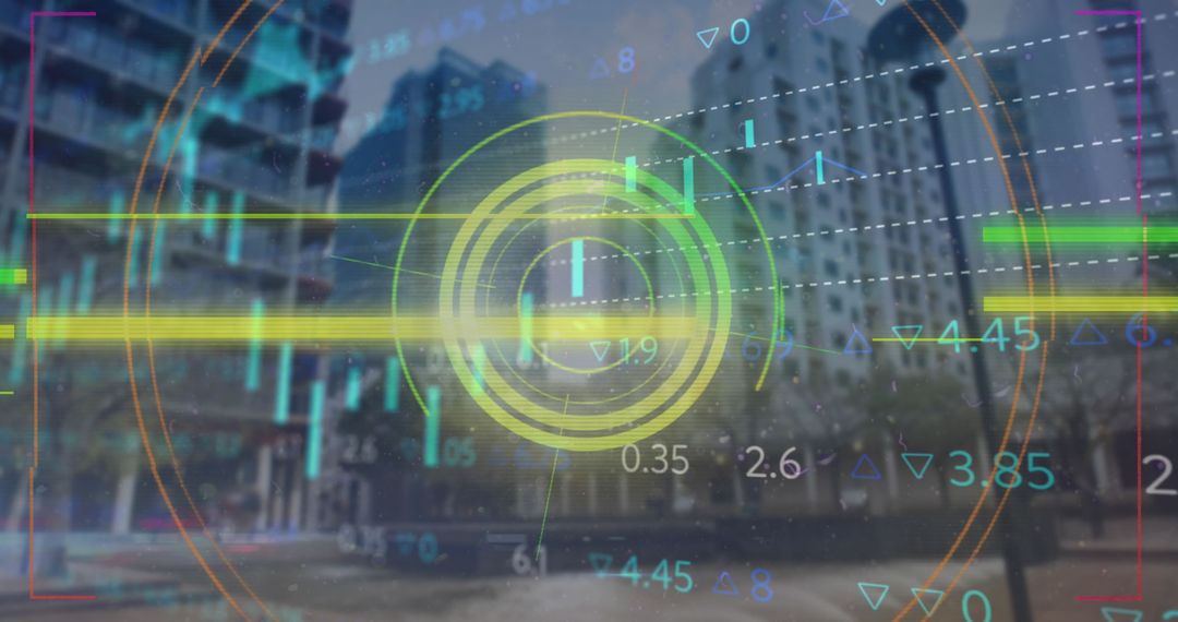 Digital Data Interface Over Cityscape Visualizing Global Business Trends