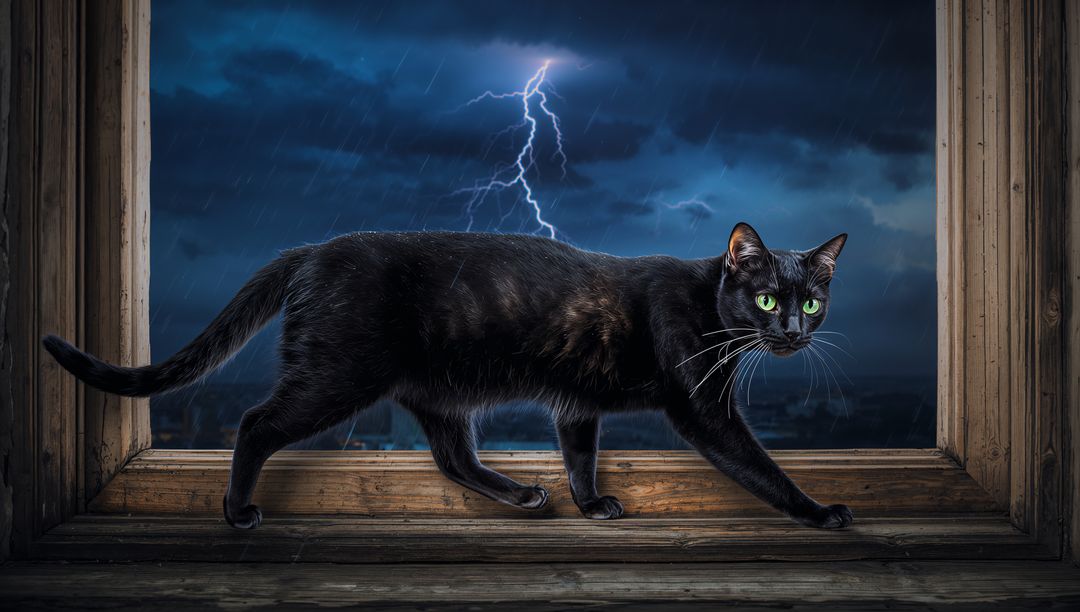 Black Cat Walking on Rustic Window Frame During Lightning Storm