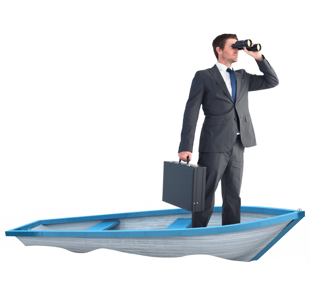 Businessman with Binoculars on Transparent Boat Background
