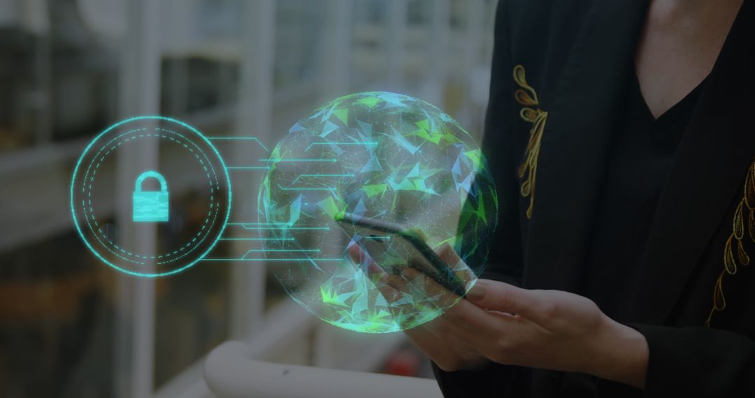 Woman Using Smartphone with Cybersecurity Network Overlay