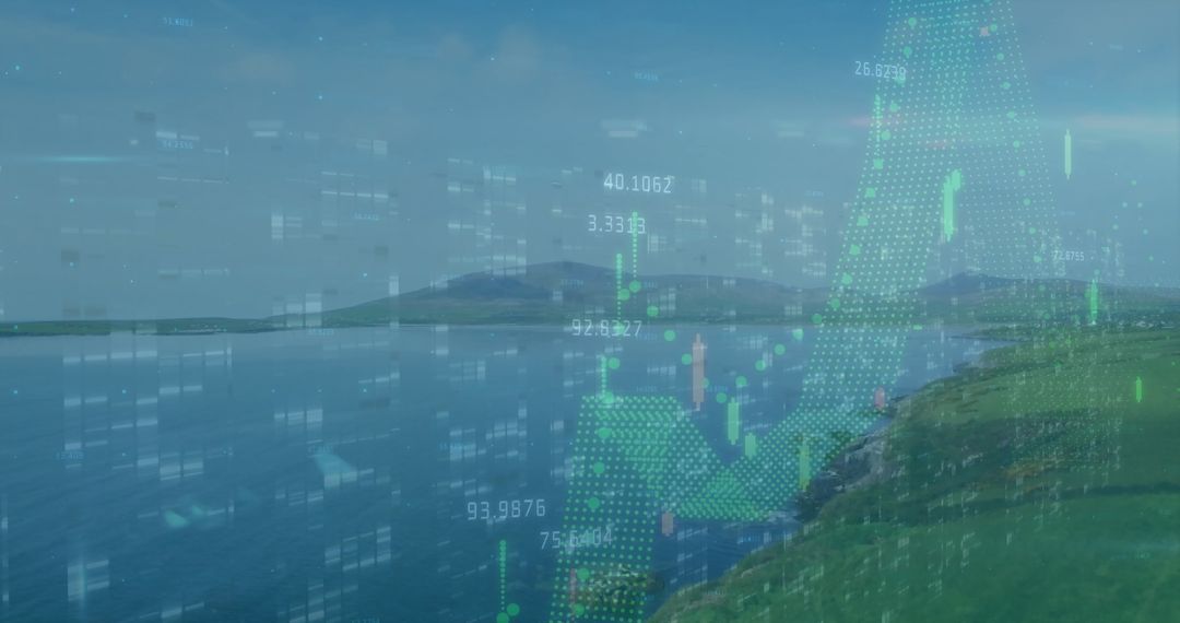 Digital Financial Overlay Landscape with Data Points and 3D Graphs