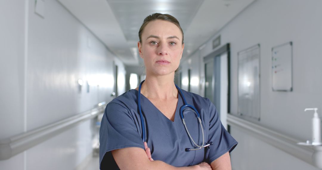 Confident Female Surgeon with Stethoscope in Hospital Corridor - Free Images, Stock Photos and Pictures on Pikwizard.com