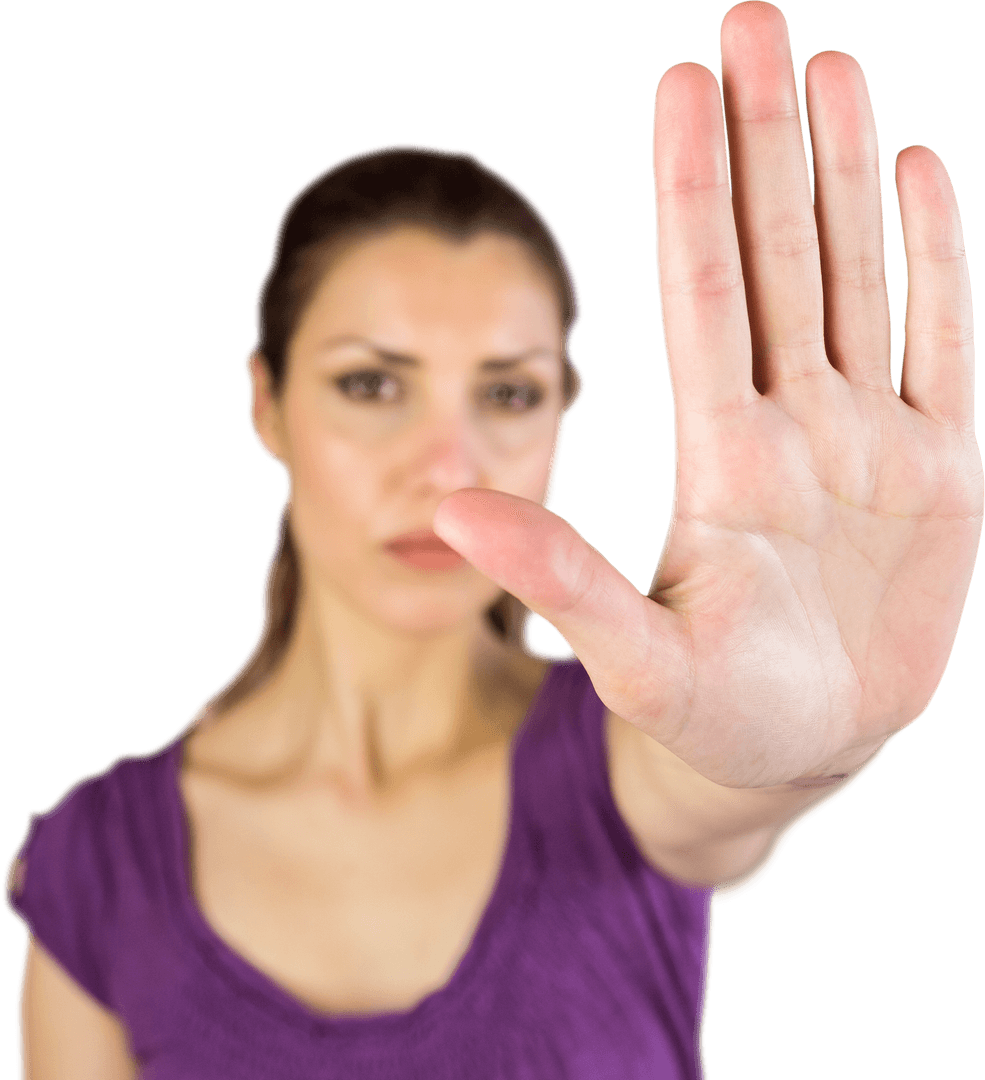 Serious Woman Gesturing Transparent Stop Sign