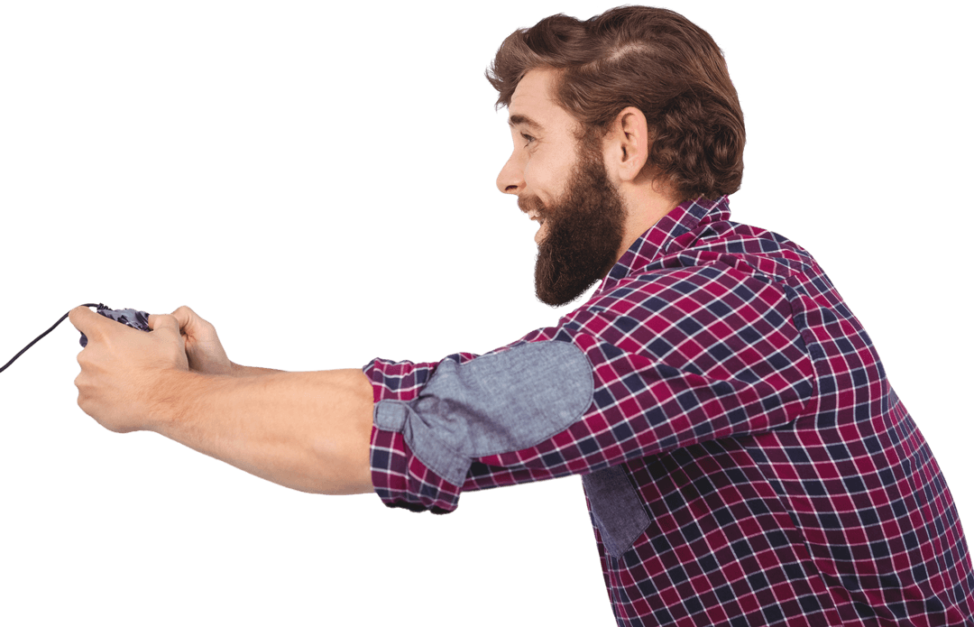 Joyful Hipster Playing Video Game with Enthusiasm Transparent Background