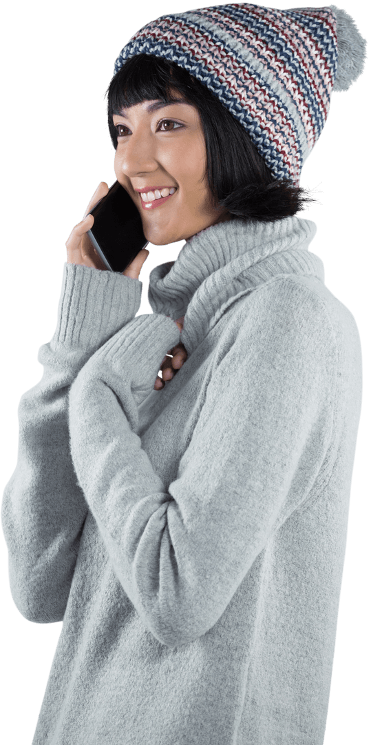 Smiling Woman in Winter Outfit on Transparent Phone Call
