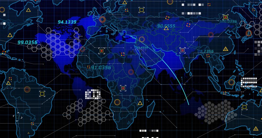 Futuristic Technology Map Interface with Hexagonal Grid and Data Points