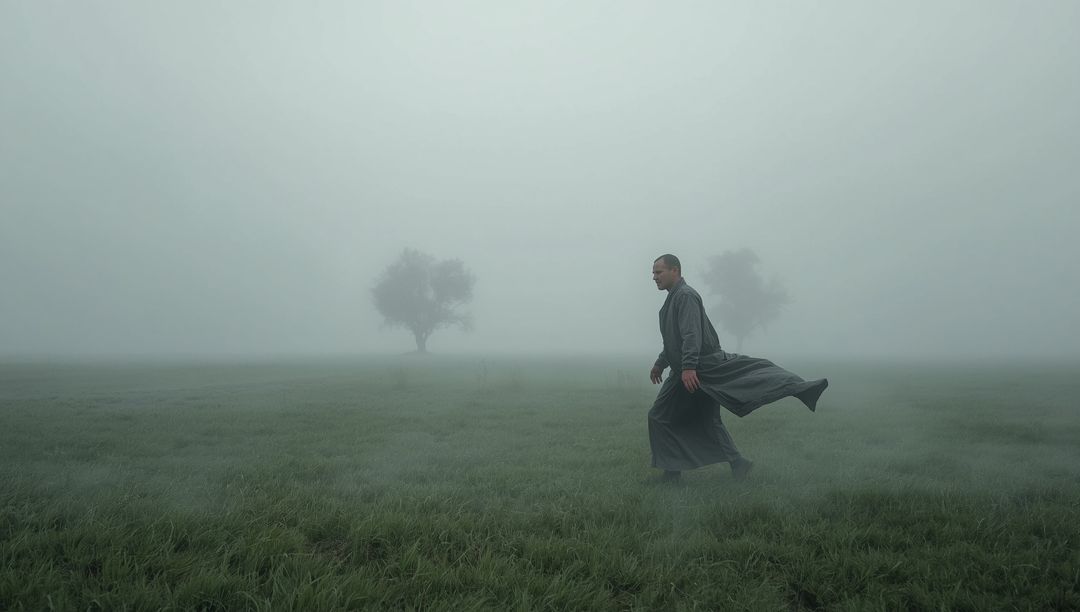 Man Walking Through Misty Field ContEMPLative Scene