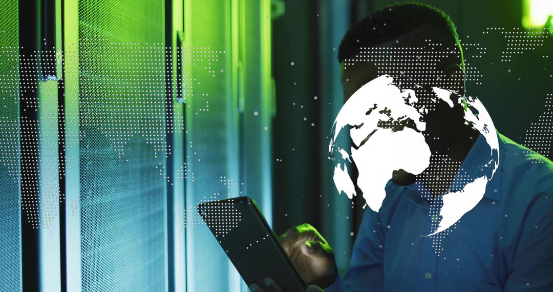 Technician Monitoring Servers with Digital Globe Overlay in Futuristic Setting