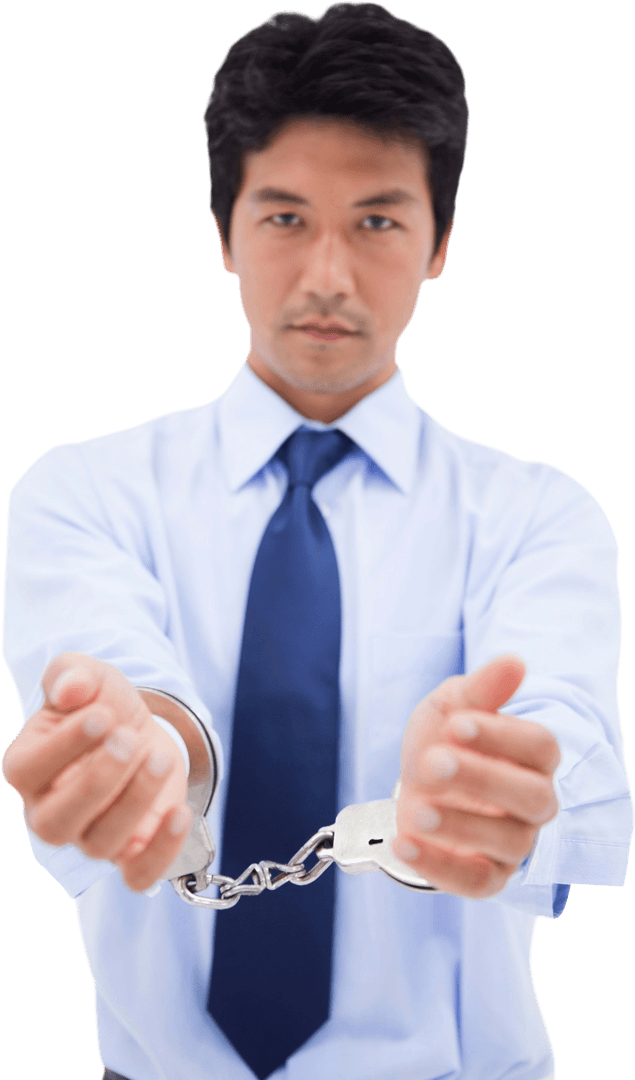 Transparent Businessman in Handcuffs Portrait Symbolizing Consequences