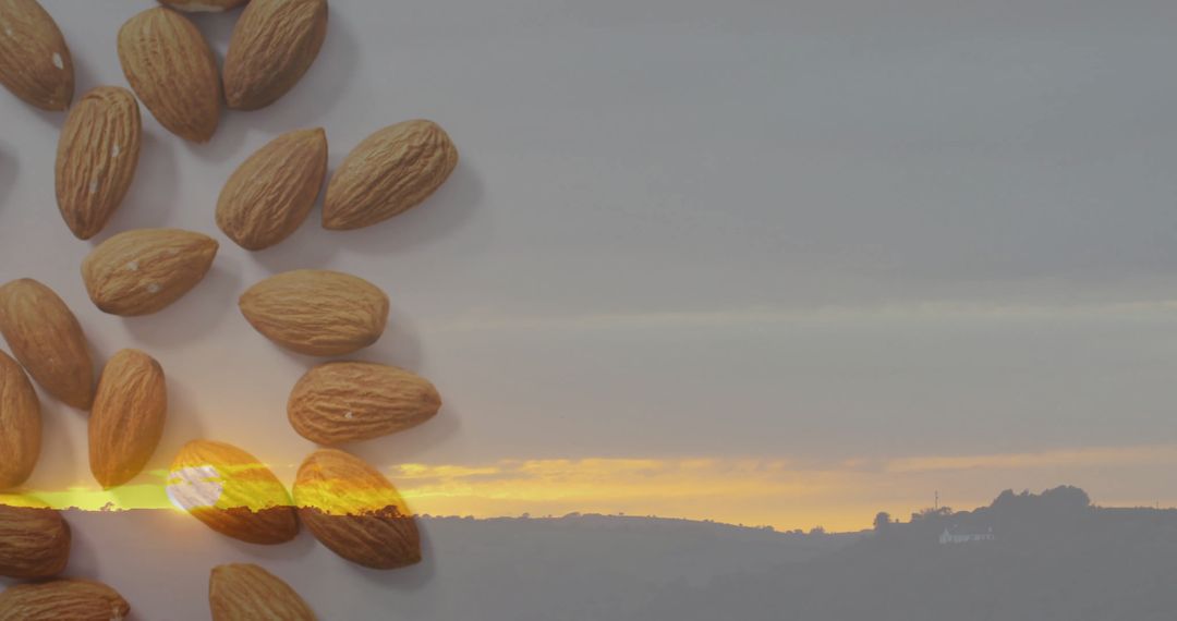 Almond Shells Merging with Tranquil Sunset Landscape