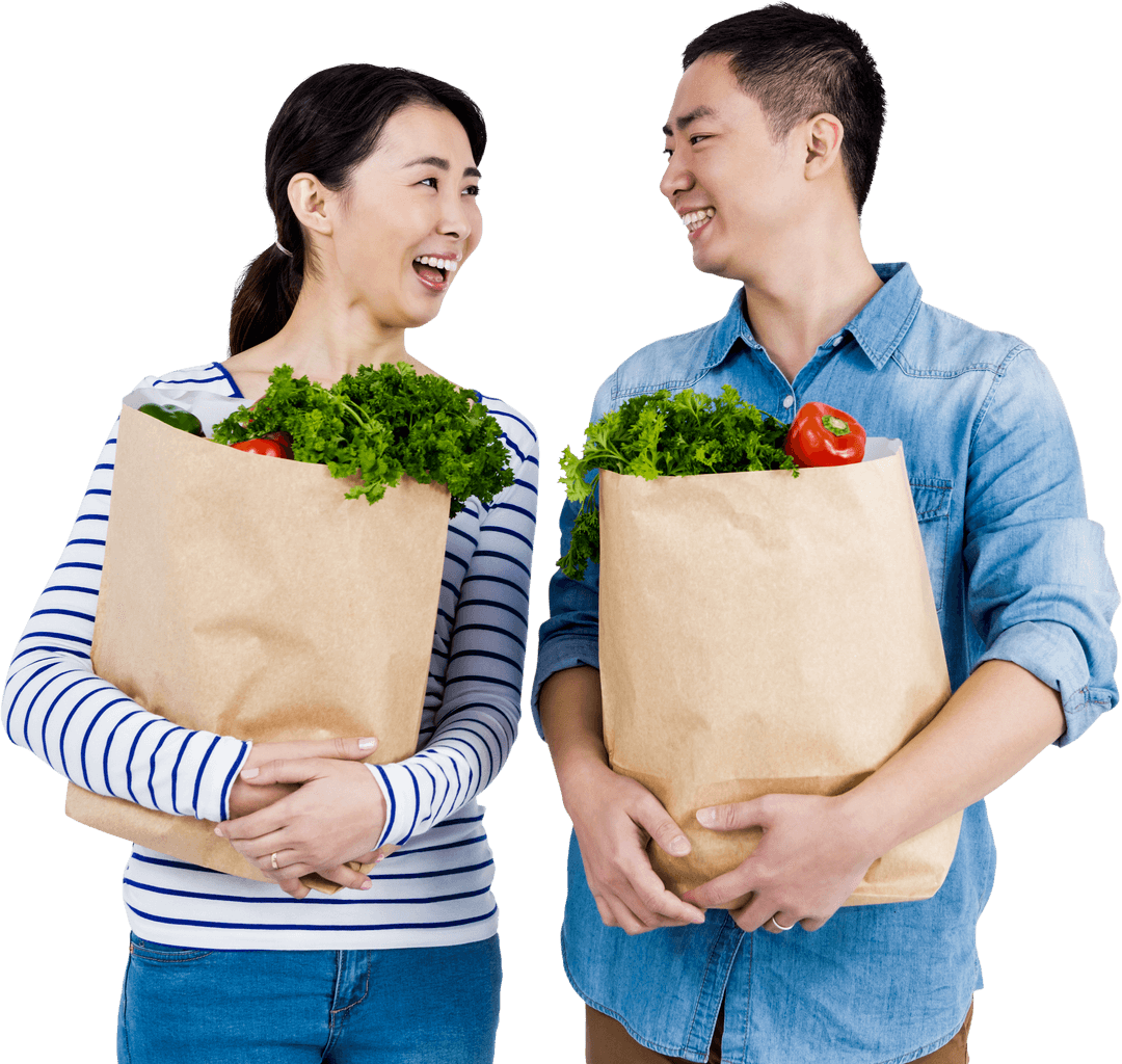 Smiling Couple Holding Grocery Bags with Fresh Vegetables Transparent Background