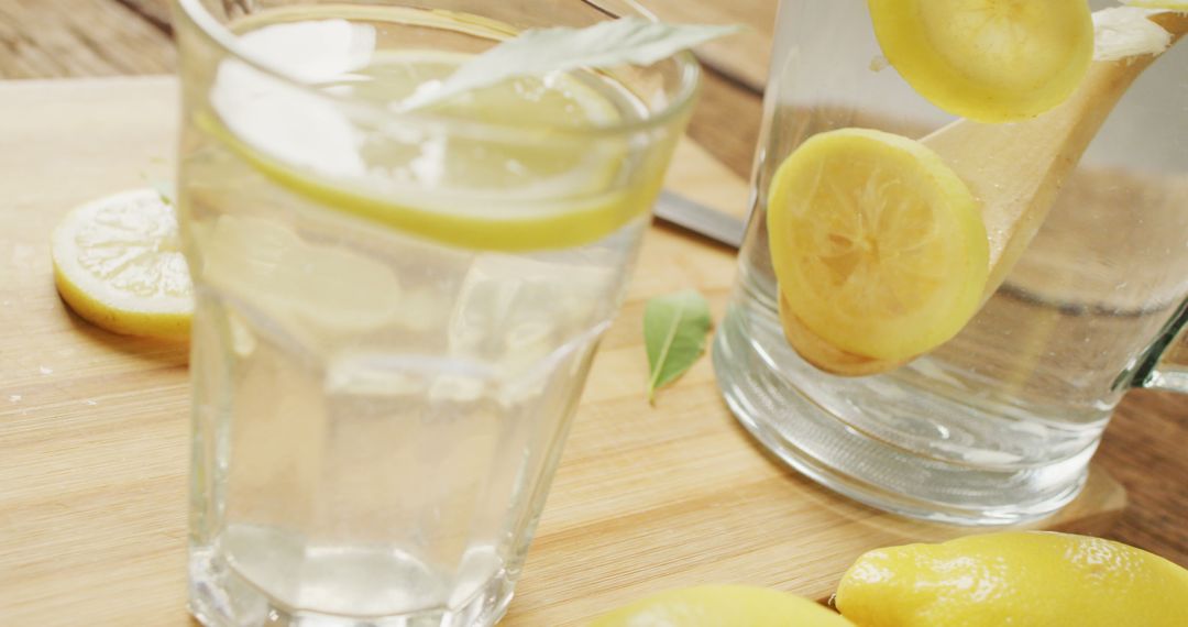 Image of glasses with lemonade and lemons on wooden board - Free Images, Stock Photos and Pictures on Pikwizard.com