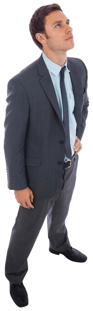 Transparent Stern Businessman in Gray Suit with Hand on Hip Looking Up
