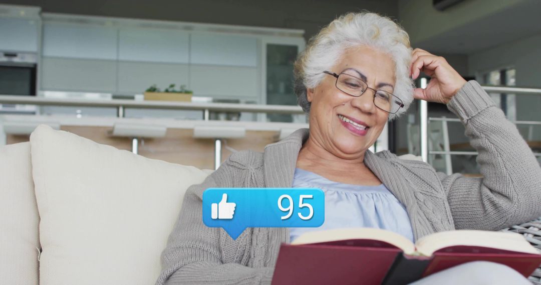 Elderly Woman Relaxing with Book and Social Media Notification