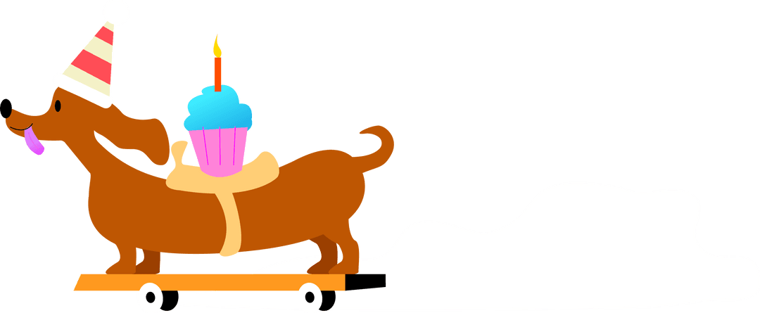 Dachshund Rolling on Wheels Wearing Party Hat with Cupcake Transparent Background