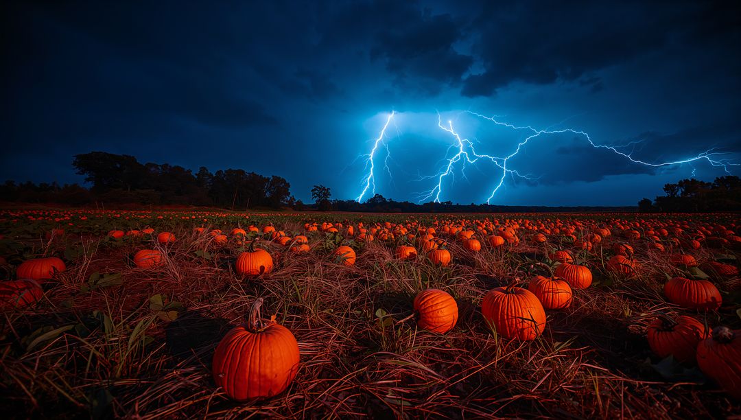Luminous Pumpkin Field Illuminated by Nighttime Lightning