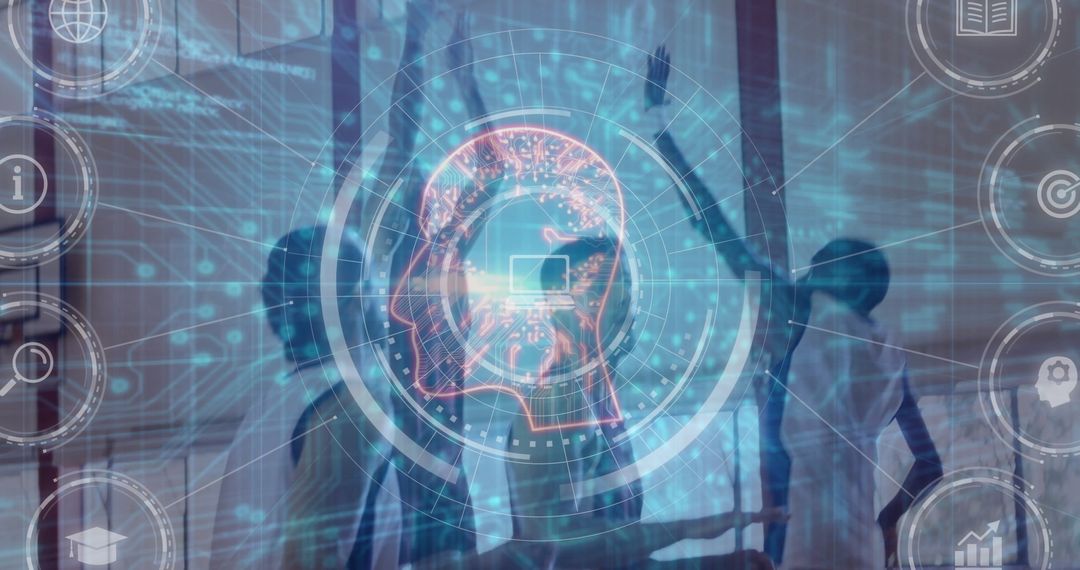 Business Team Analyzing Digital Head Interface in Modern Office