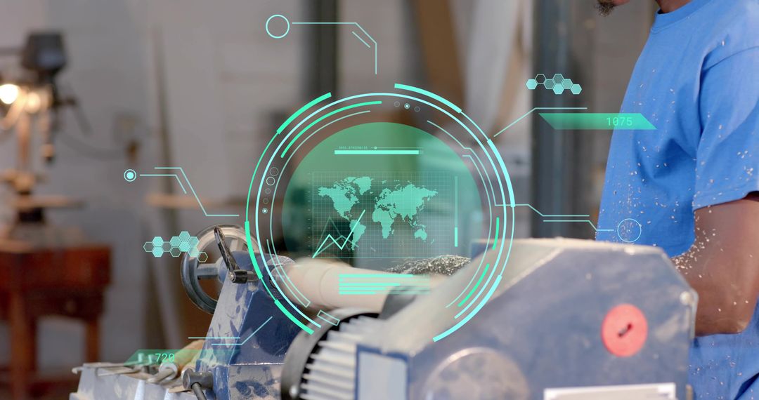 Machinist Operating Wood Lathe with Holographic Data Overlay Showing Global Connectivity