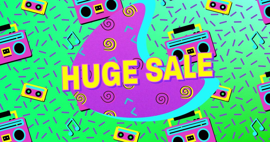 Huge Sale Banner Vibrant Retro Design with Boombox Motif