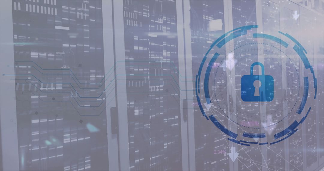 Digital Security Lock Icon Over Server Room Infrastructure