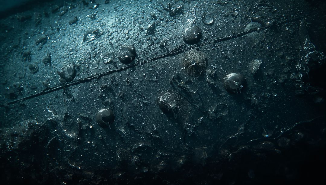 Macro wet metal hull with rivets and water droplets, dark moody industrial texture