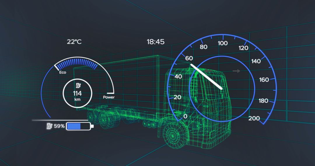 Futuristic 3D Wireframe Truck with Tech Dashboard Interface