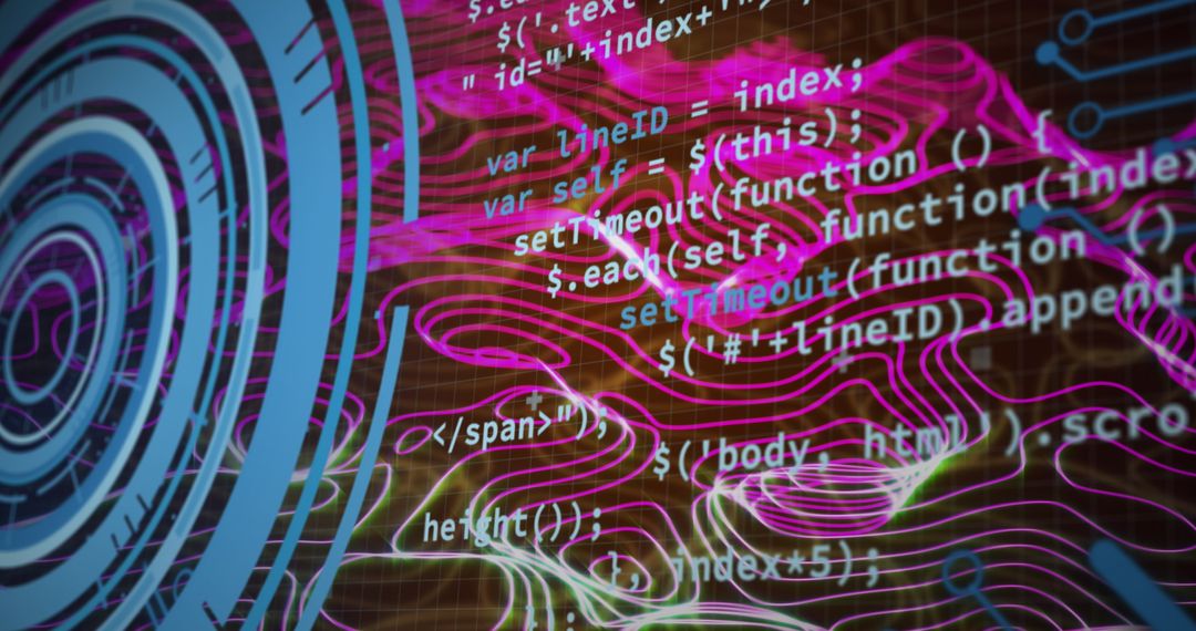 Digital Code Overlay on Futuristic Data Processing Background