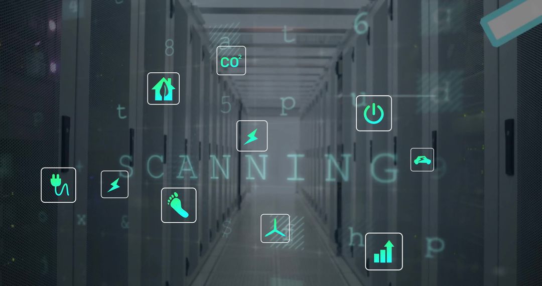 Tech Symbols Floating in Modern Server Room