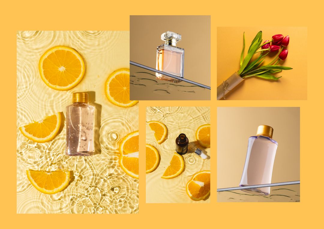 Citrus Freshness with Perfume Bottles and Floral Bouquets - Download Free Stock Templates Pikwizard.com