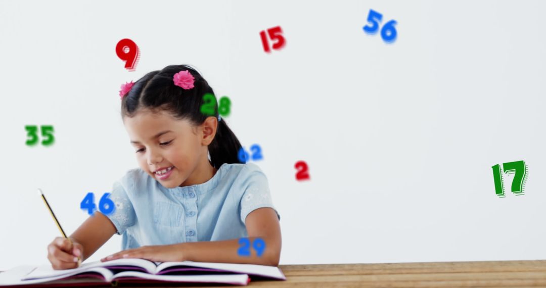 Smiling Girl Learning with Floating Math Figures - Free Images, Stock Photos and Pictures on Pikwizard.com