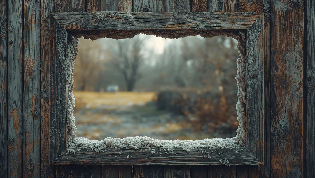 Frosty Window Frame View Blurring Path in Rustic Landscape