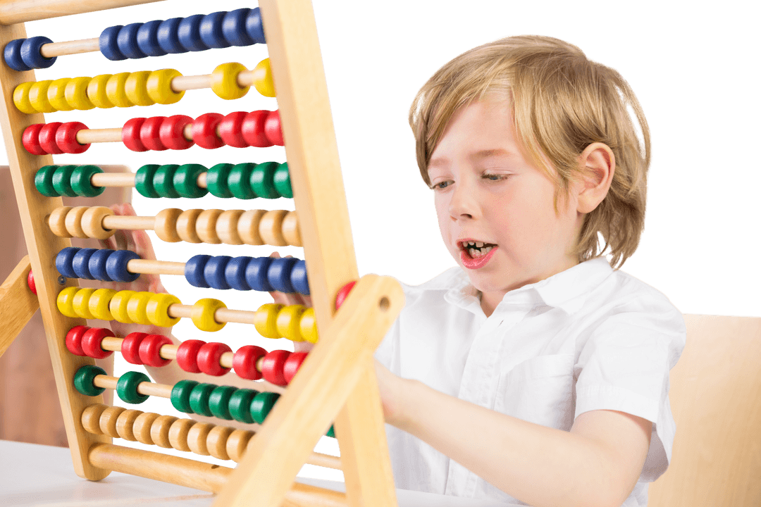 Focused Boy Using Abacus on Transparent Background