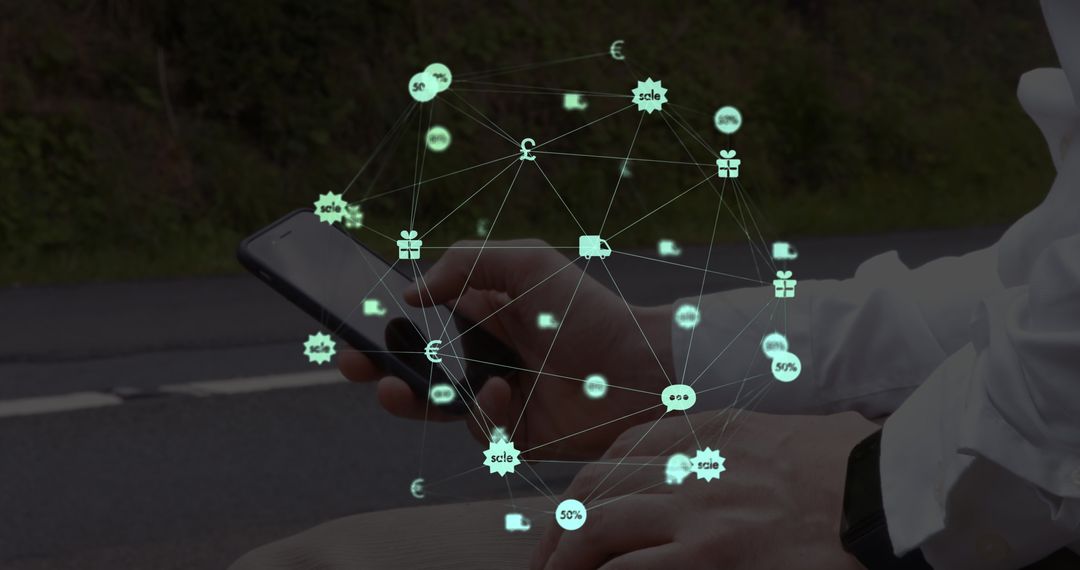 Man Engaging with Smartphone Displaying Digital Social Network