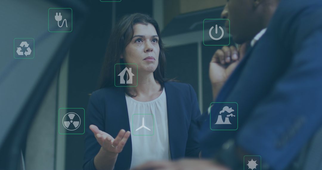 Business Discussion on Green Energy Solutions with Digital Icons