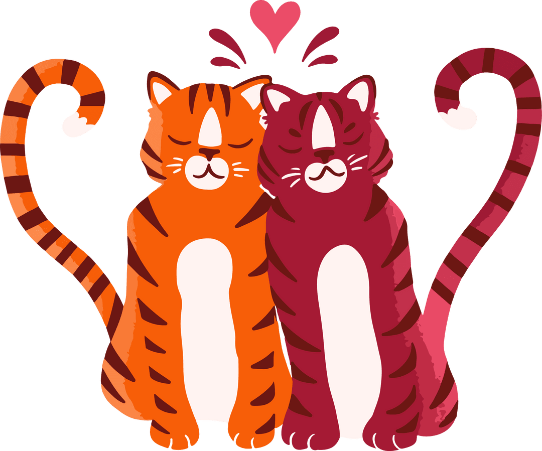 Transparent Flat Design Striped Cats Cuddling with Heart Icon