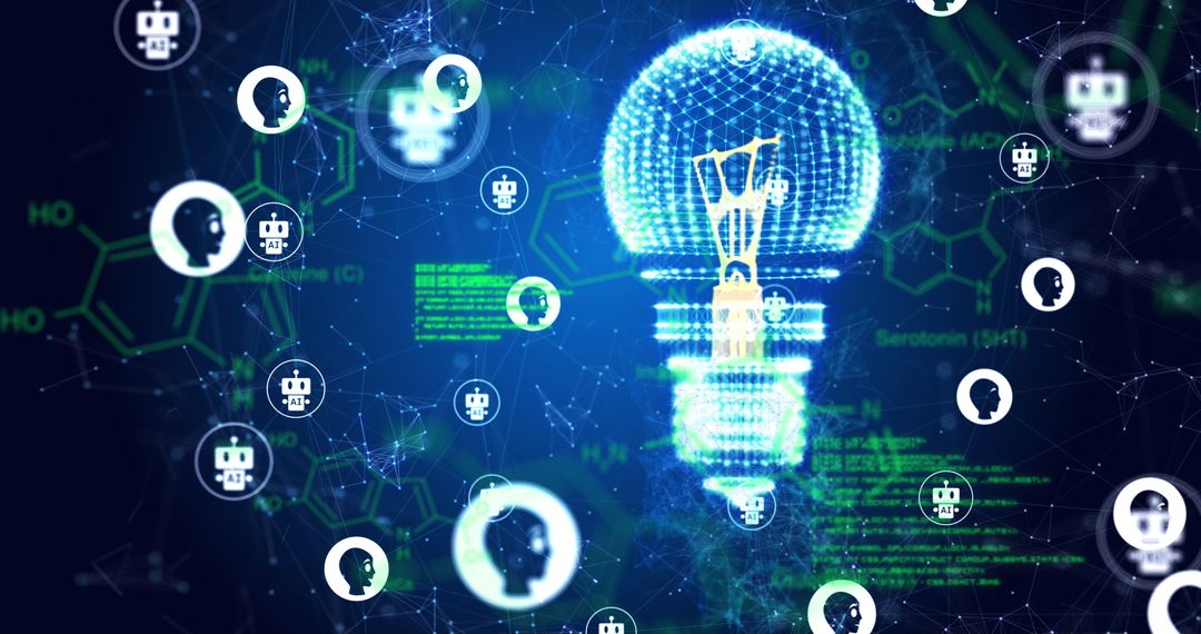 Futuristic AI Lightbulb with Digital Data Networks