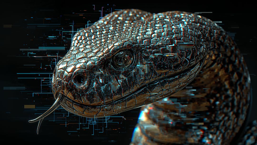 Cybernetic king cobra head amid digital glitches and neon circuits