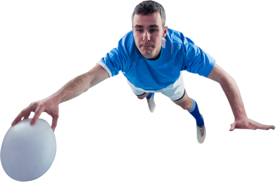 Transparent Rugby Player Scoring Try Mid-Action Close-Up