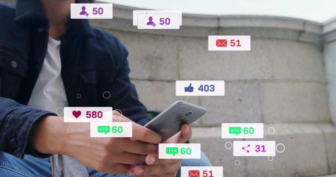 Engaged Man Using Smartphone for Social Media Surrounded by Digital Icons