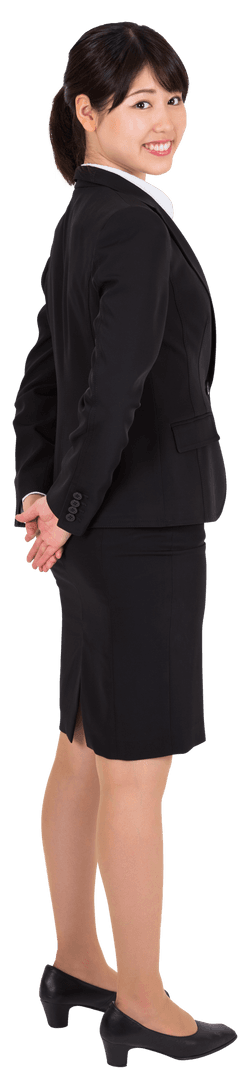 Transparent Smiling Biracial Businesswoman in Formal Attire