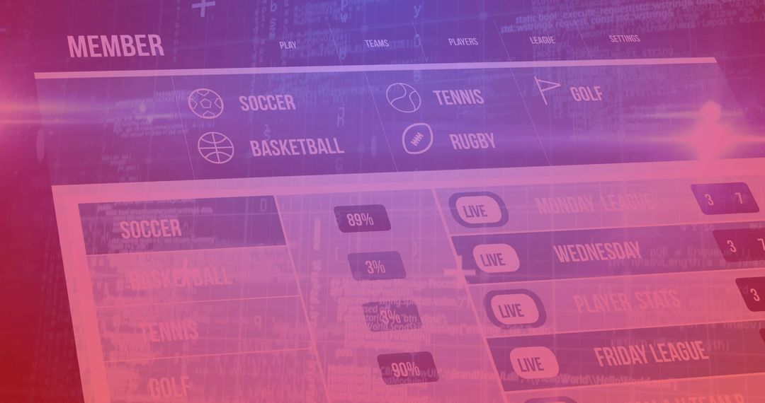 Magenta Sports Dashboard Interface with Live Buttons and Performance Metrics