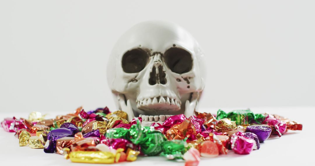 Skull Decoration with Bright Colorful Wrapped Sweets for Halloween