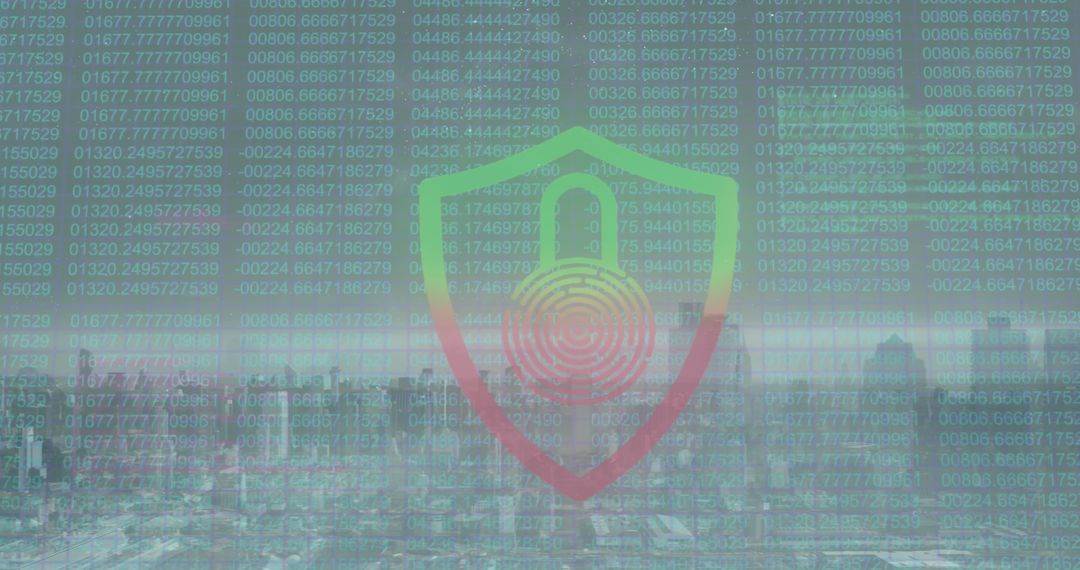 Cybersecurity Shield Overlaying Cityscape with Digital Code
