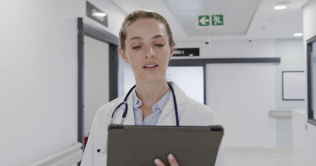 Female Doctor Using Tablet in Hospital Hallway for Patient Data - Free Images, Stock Photos and Pictures on Pikwizard.com