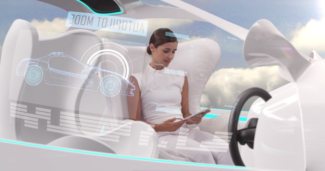 Futuristic Car with Female Passenger in Autopilot Mode