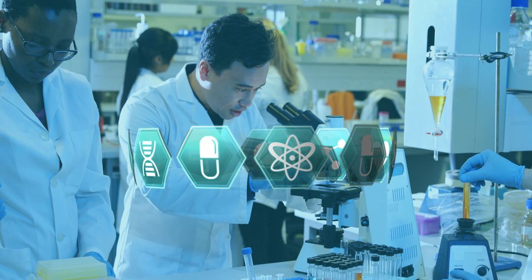 Diverse Scientists Using Microscope in Innovative Laboratory